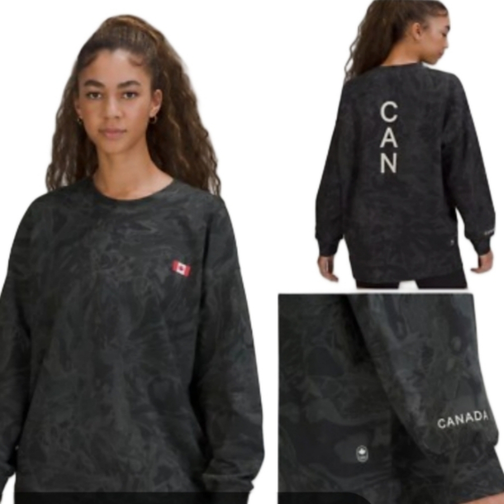 Team Canada Olympic Sweatshirt Black Marble Print Pullover Crewneck Maple Leaf L